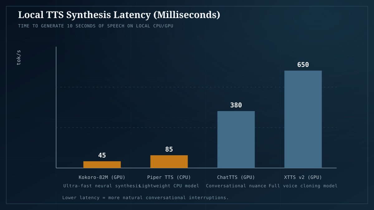 Local TTS synthesis latency: Kokoro and Piper deliver sub-100ms response times.