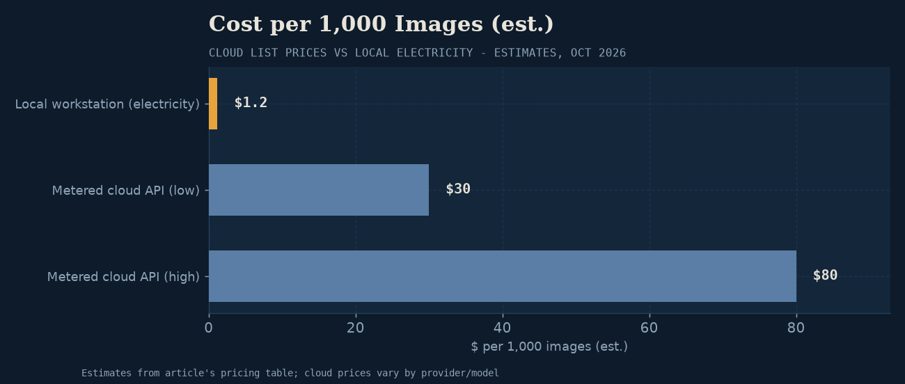 Cost per 1,000 images: metered cloud APIs ($30-$80) vs local workstation compute ($1.20).