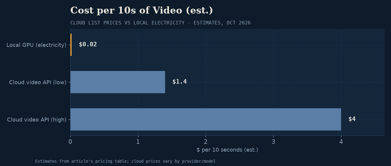 Cost per 10 seconds of video: commercial cloud APIs ($1.40-$4.00) vs local GPU inference ($0.02).