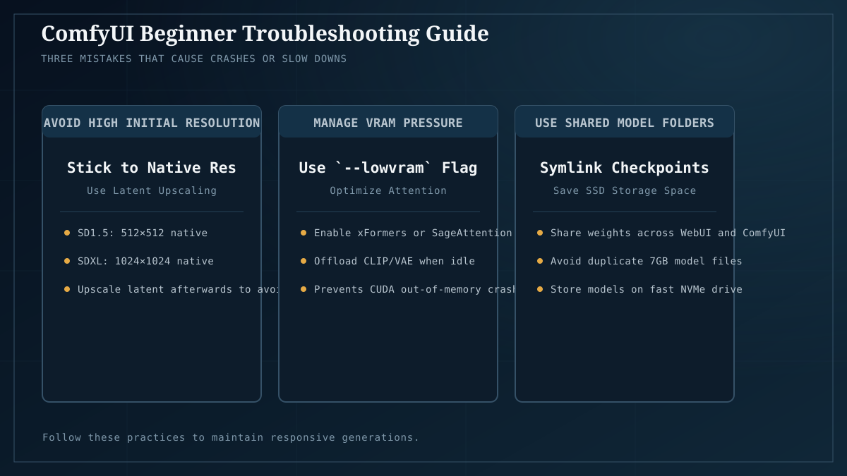 Beginner troubleshooting rules: resolution limits, memory flags, and model organization.