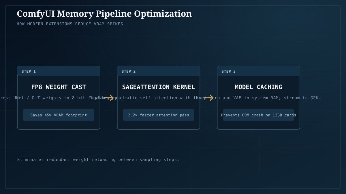 Optimization pipeline: FP8 weight compression, SageAttention, and VRAM memory caching.