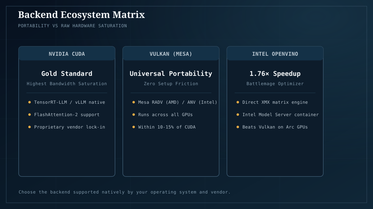 Compute backend comparison matrix: CUDA, Vulkan, ROCm, and OpenVINO.