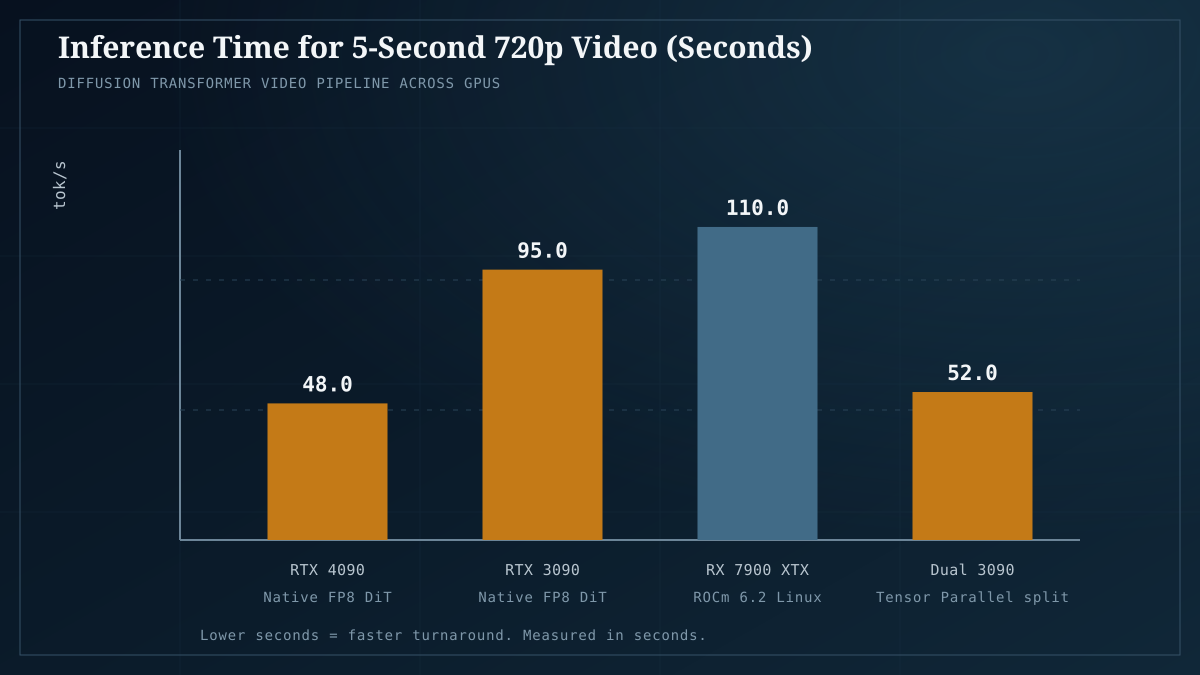 Turnaround time for a 5-second video clip: 48s on RTX 4090 to 95s on RTX 3090.