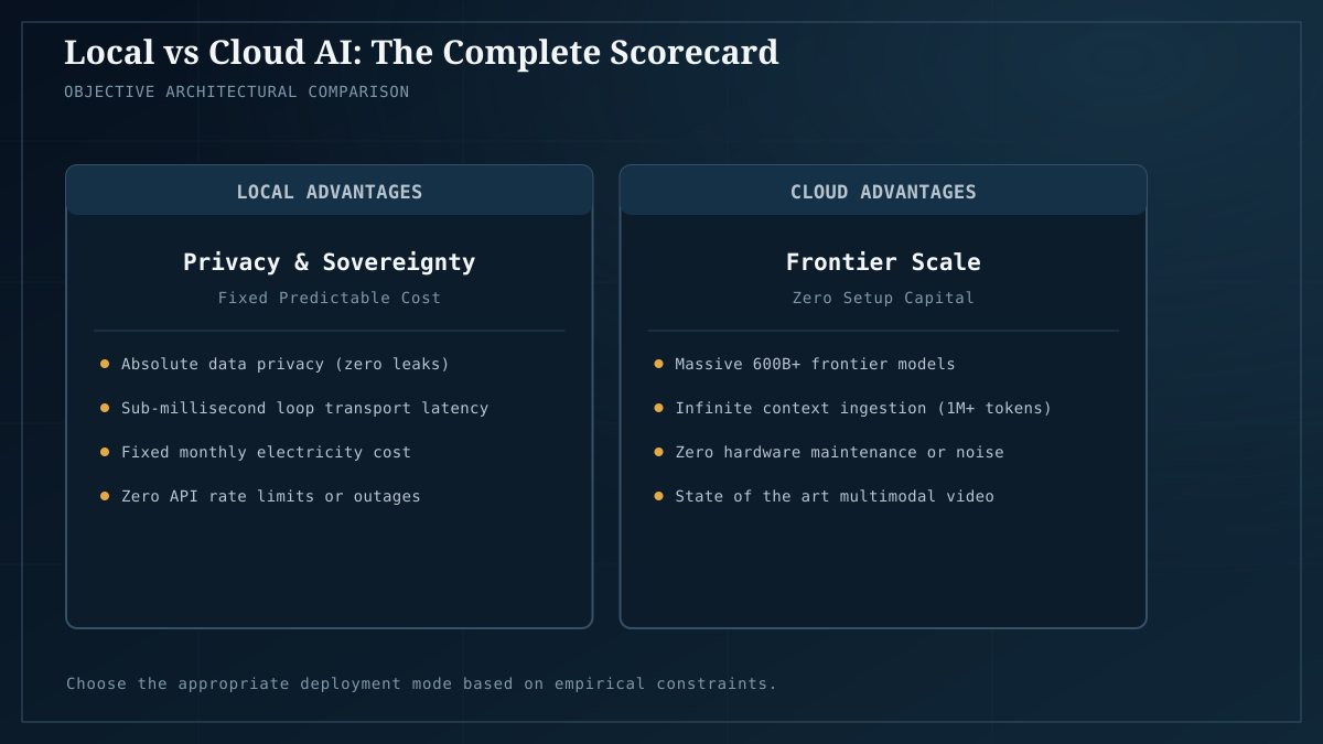 Comprehensive scorecard: local sovereignty and latency vs cloud scale and convenience.