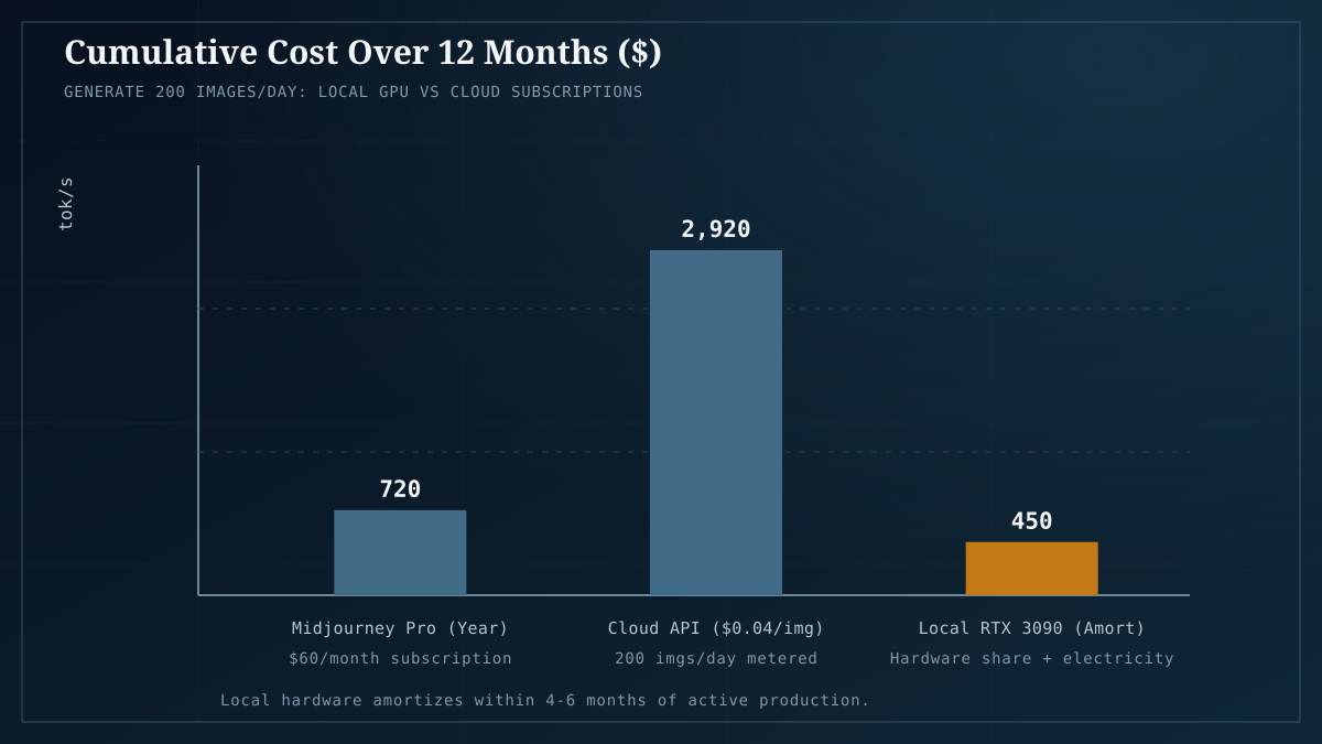12-month cost curve at 200 images/day: local GPU hardware amortizes rapidly against cloud fees.
