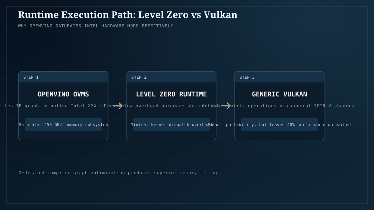 Kernel dispatch architecture: Level Zero XMX saturation vs generic Vulkan compute shaders.