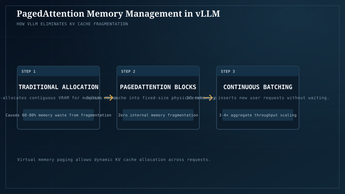 PagedAttention virtual memory allocation: eliminating KV cache fragmentation to boost concurrency.