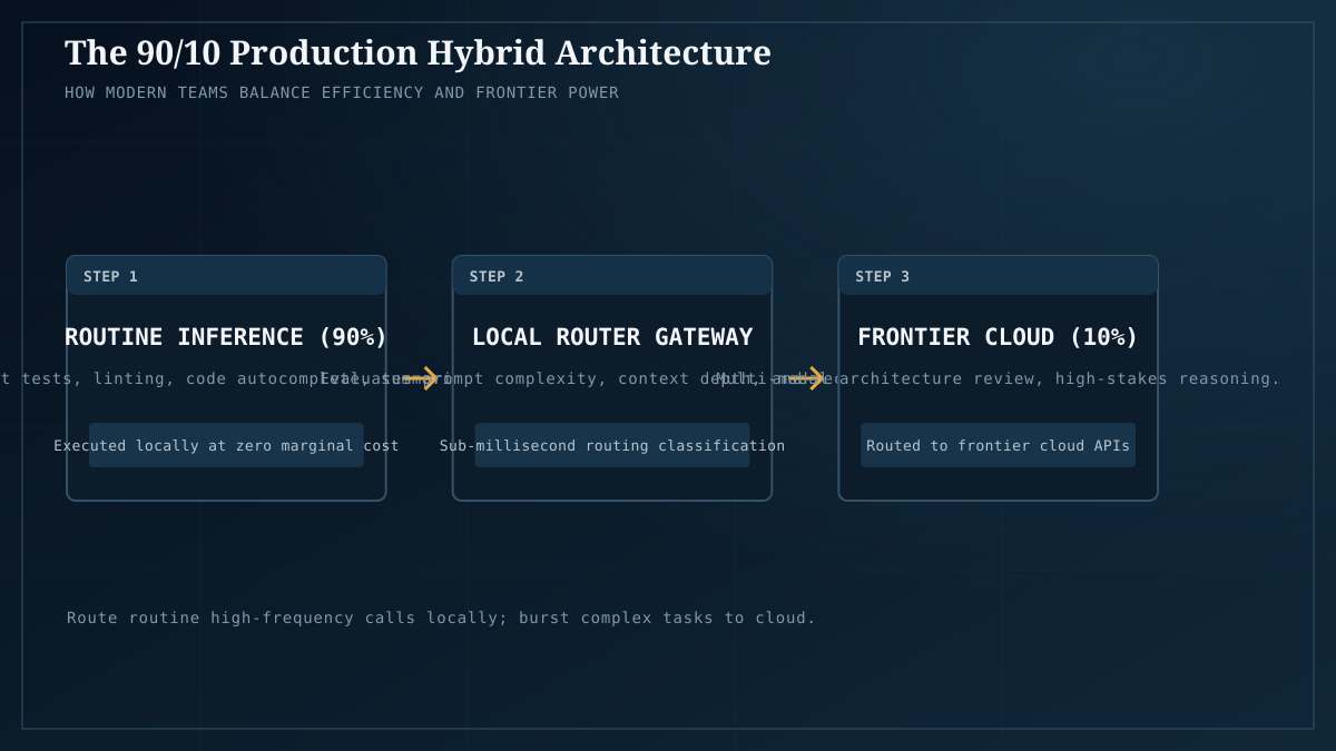 The 90/10 hybrid architecture: routine high-frequency tasks stay local; edge reasoning bursts to cloud.