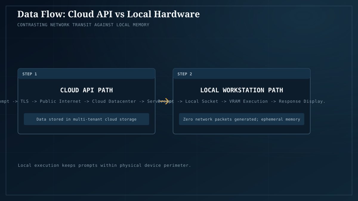 Data journey: public cloud network transit vs strictly local workstation memory execution.