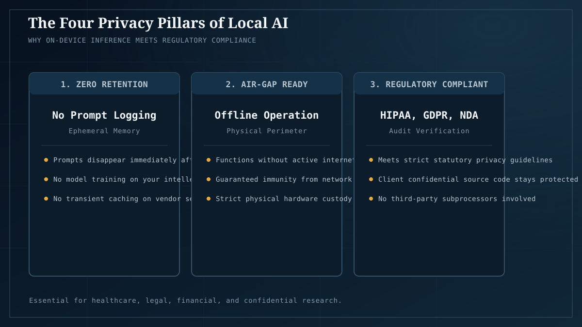 The four pillars of on-device privacy: zero retention, air-gap capability, and regulatory compliance.