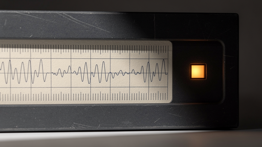 Abstract study of a precision measurement instrument panel — engraved calibration hairlines and a single amber signal datum on a dark charcoal surface. Visual reference for the lab's evidence-first aesthetic, not a photograph of actual lab hardware.